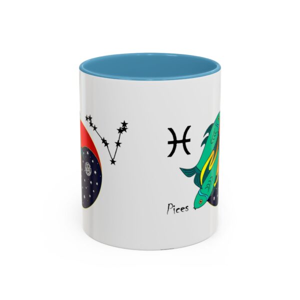 A blue and white mug with a picture of pisces