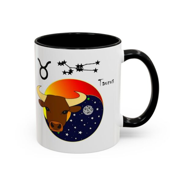 A black and white mug with an image of taurus.