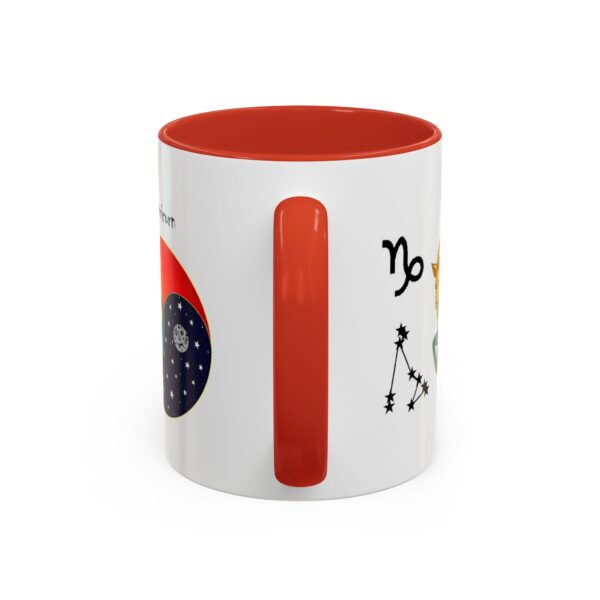 A red and white mug with an image of the zodiac.