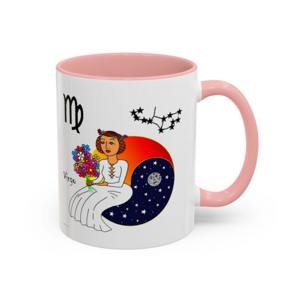 A pink and white mug with an illustration of a woman holding flowers.