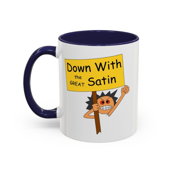 A mug with an image of a person holding up a sign.