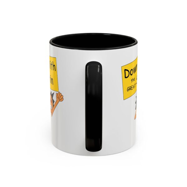 A black and white mug with a picture of a dog.