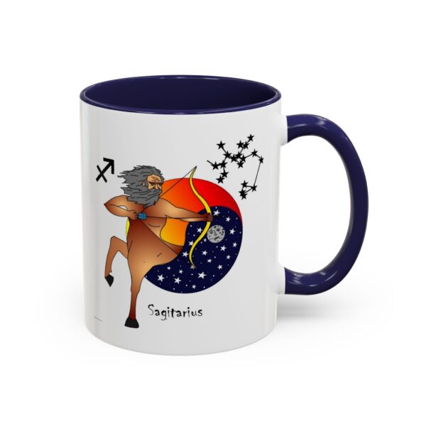 A mug with an image of a horse and the zodiac sign sagittarius.