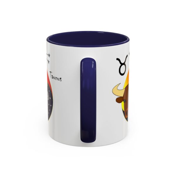 A blue and white mug with a picture of a person holding scissors.