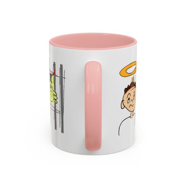 A pink and white mug with a cartoon of a man holding a halo.