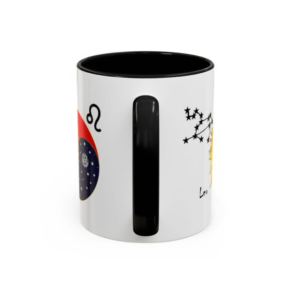 A black and white coffee mug with a picture of the sun.