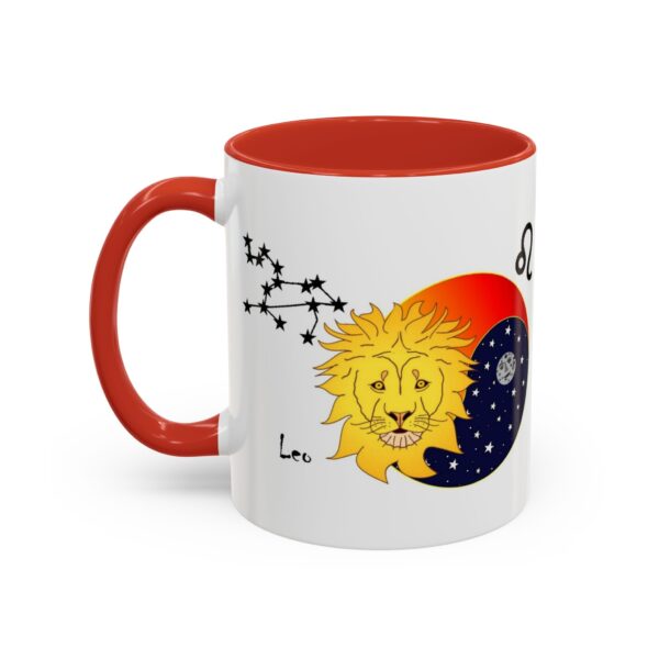 A red and white mug with a picture of the sun, moon and stars.