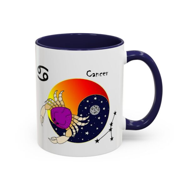 A mug with the zodiac sign cancer and sun.