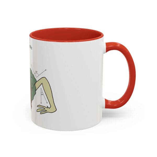 A red coffee mug with an image of a person doing yoga.