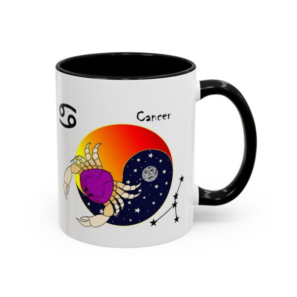 A black and white coffee mug with an image of cancer.