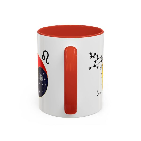 A red and white coffee mug with an image of the zodiac.