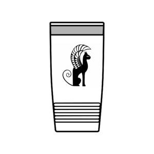 A black and white picture of a cup with an animal on it.