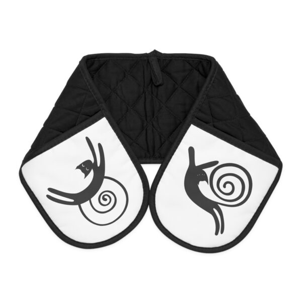 A black and white oven mitt with an image of a person doing a spiral.