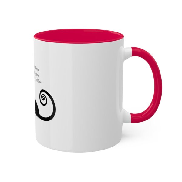 A red and white coffee mug with an image of a snail.