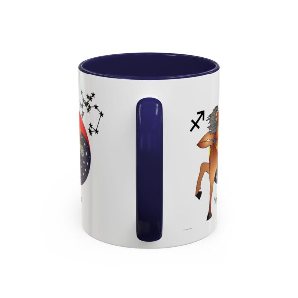 A blue mug with an image of a horse and a cow.