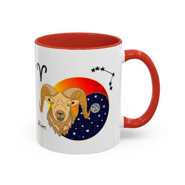 A red and white mug with an illustration of a goat.