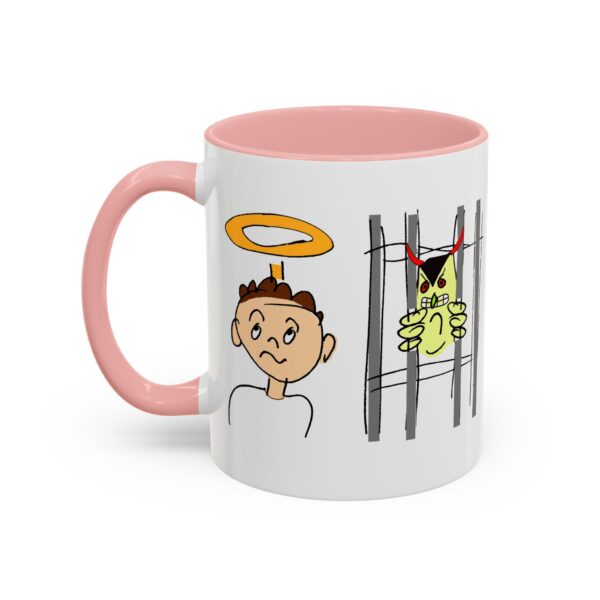 A pink and white mug with an image of a person in jail.