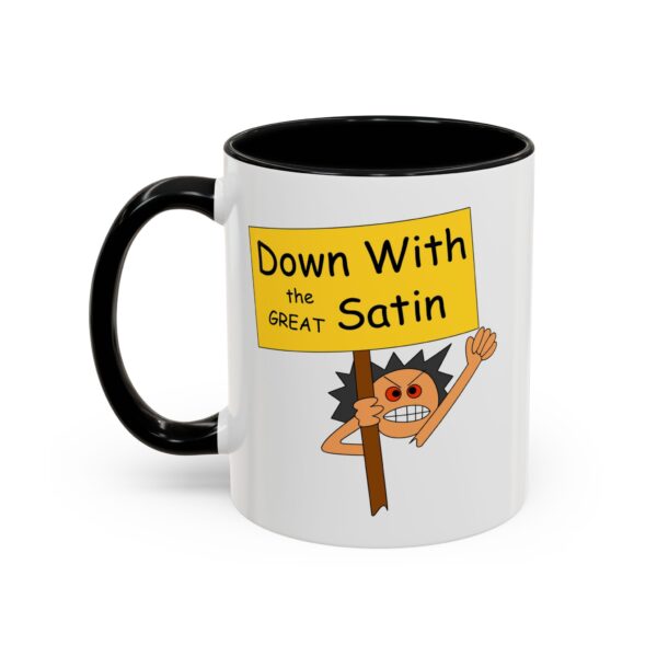 A black and white mug with a cartoon of a man holding up a sign.