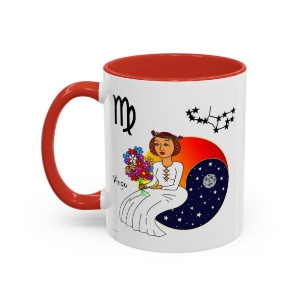 A red and white mug with the zodiac sign virgo on it.