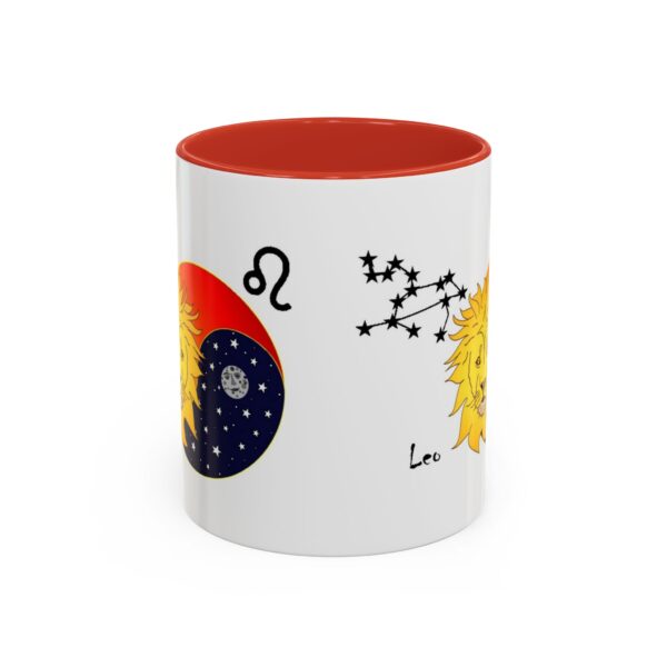 A red and white mug with an illustration of the sun, moon and stars.