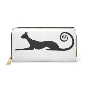 A white wallet with an image of a cat on it.