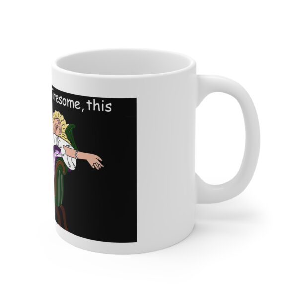 A white mug with an image of a person holding something.