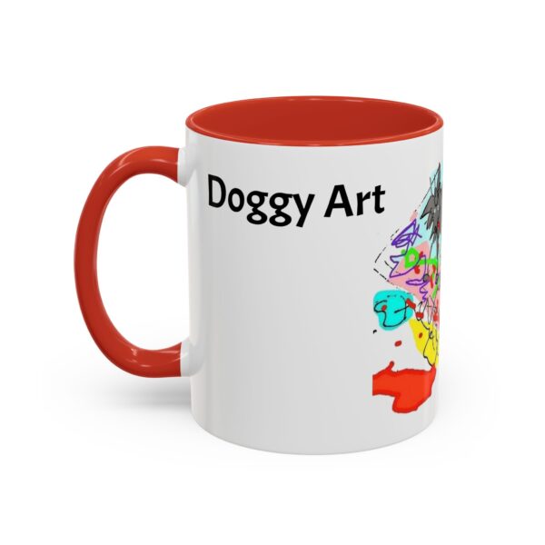 A red and white mug with the words doggy art on it.