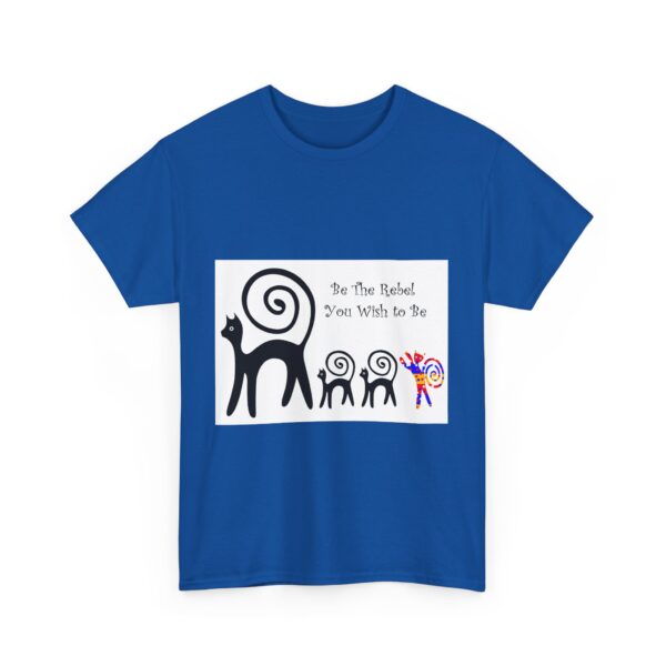 A blue shirt with an image of a monkey and some people.