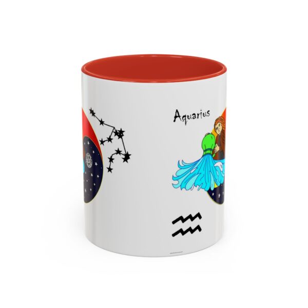 A red and white mug with an image of aquarius on it.