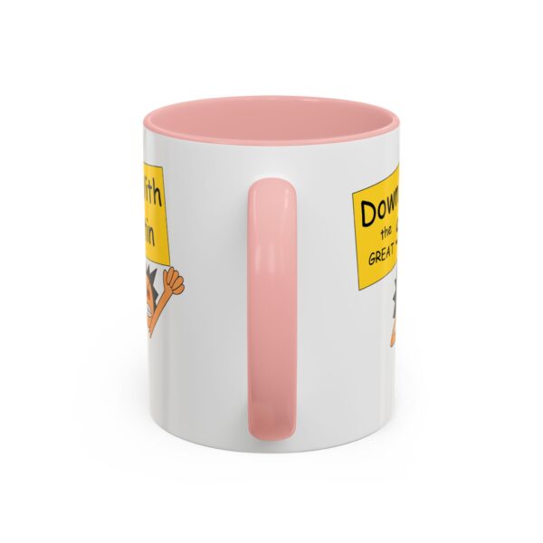 A pink and white mug with a picture of a dog on it.