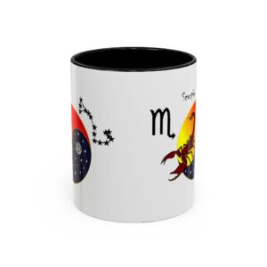 A black and white mug with a picture of scorpio