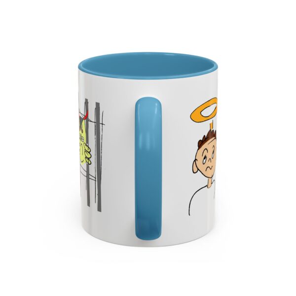 A blue and white mug with cartoon characters on it.