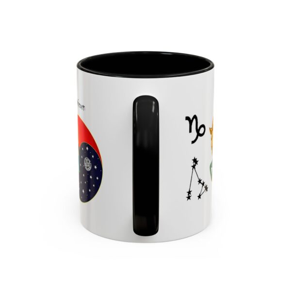 A black and white mug with a picture of the zodiac