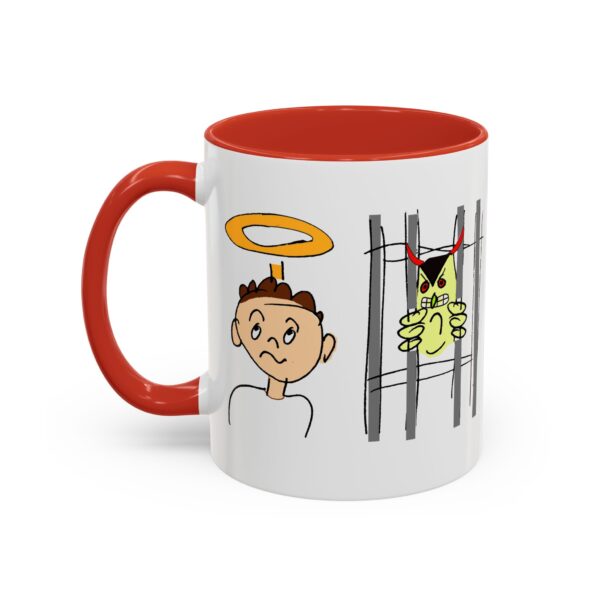 A red and white mug with an image of a man in jail.