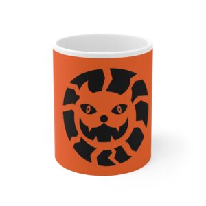 A mug with an orange and black design on it.