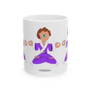 A white mug with a woman in purple and white sitting on the ground.