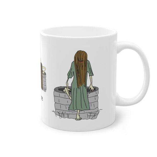 A mug with a drawing of a woman sitting on the wall.