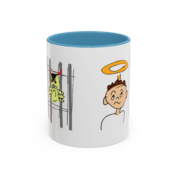 A mug with an image of a boy and a cat.