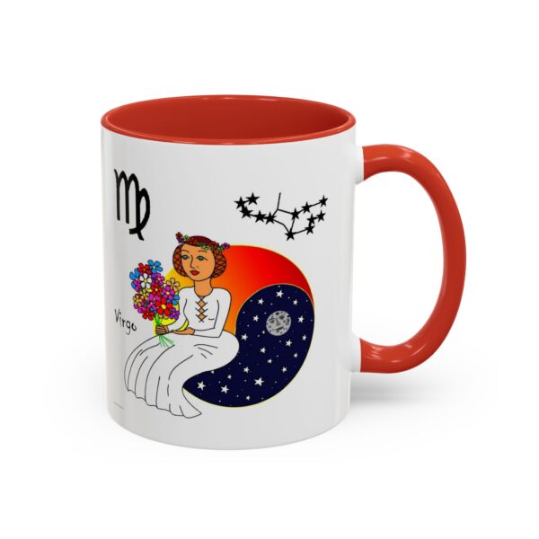 A red and white mug with an illustration of a woman holding flowers.