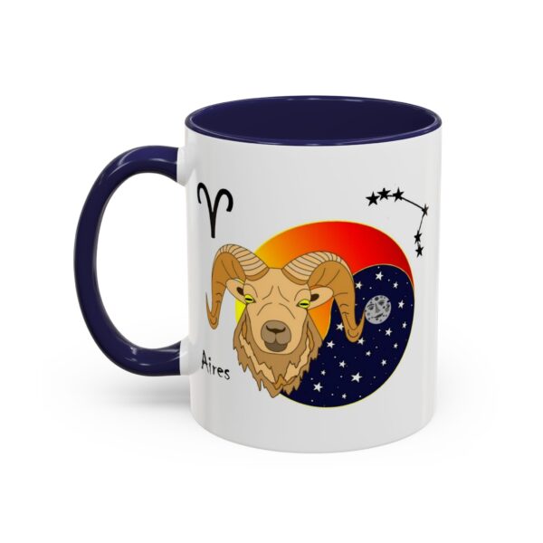 A mug with an illustration of a goat and the zodiac sign aries.