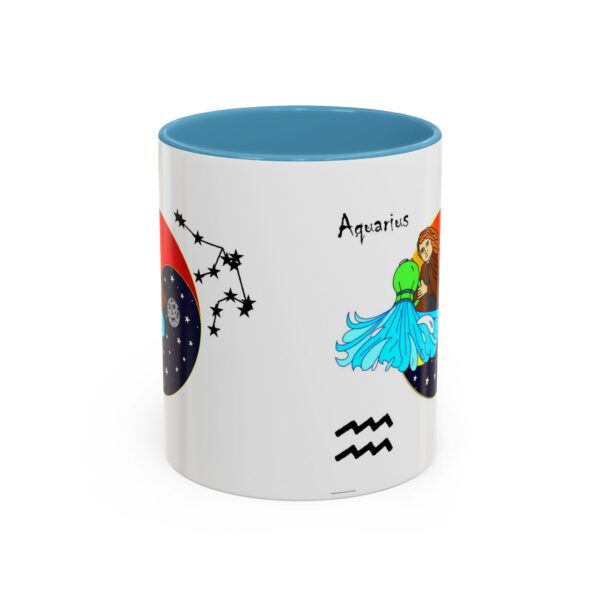 A mug with an aquarius zodiac sign on it.