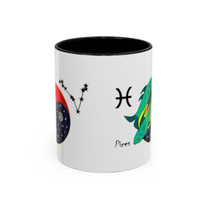 A mug with the zodiac sign pisces on it.