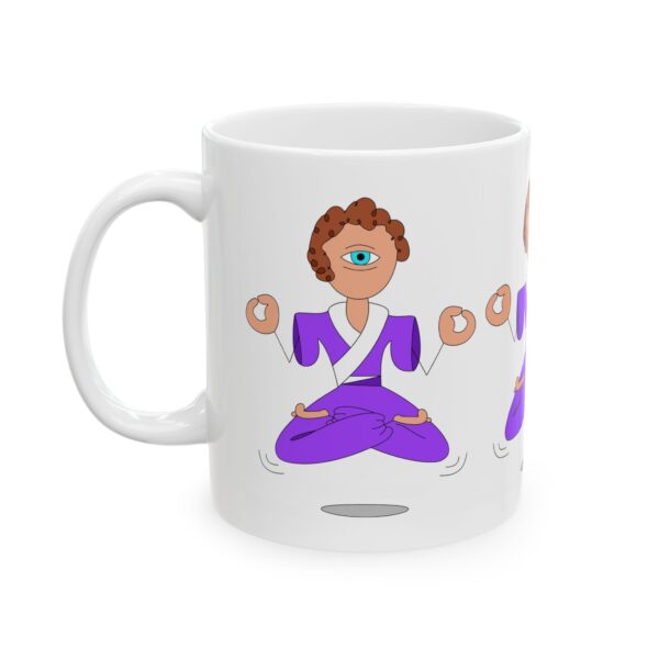 A mug with an image of a person in purple and white.