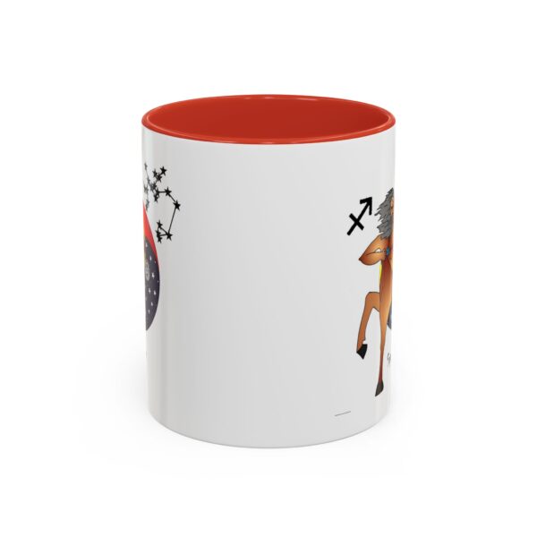 A red and white mug with an image of a deer.