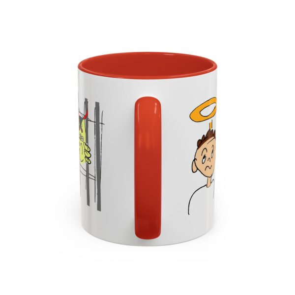 A red and white mug with an image of a man.