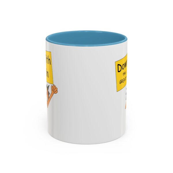 A blue and white mug with a cartoon of spongebob