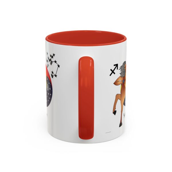 A red and white mug with an animal design.