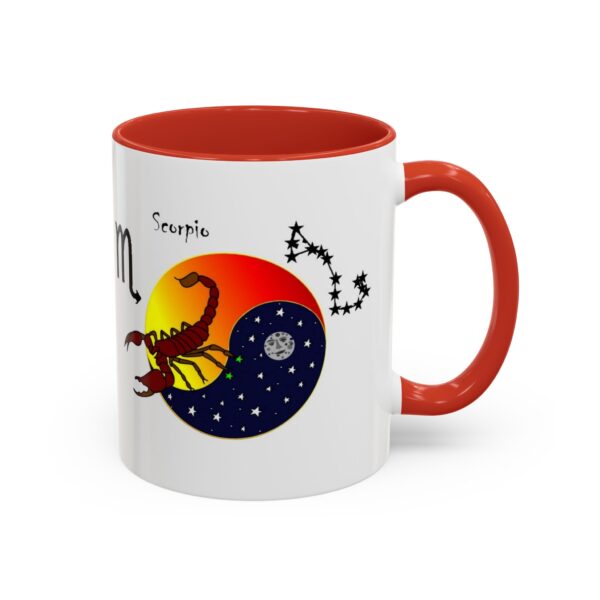 A red and white mug with an image of scorpio and the sun.