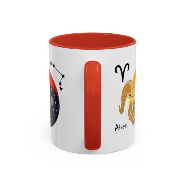 A red and white mug with an animal design on it.