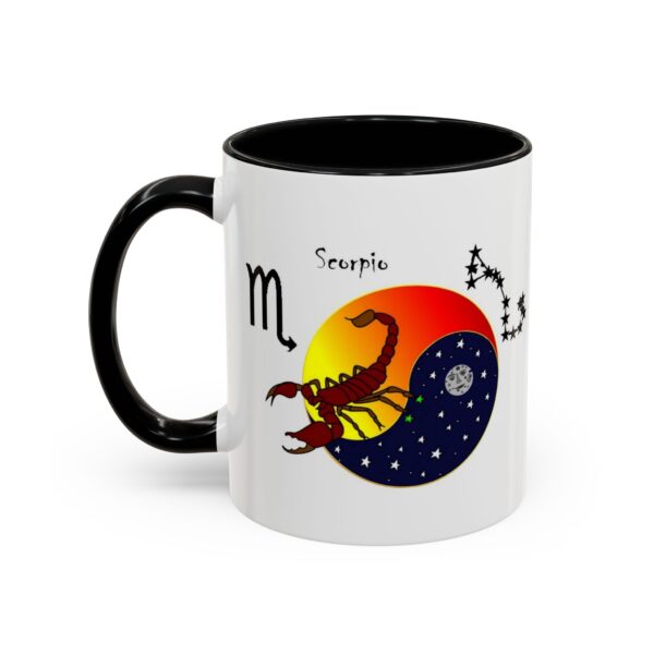 A black and white mug with an image of scorpio